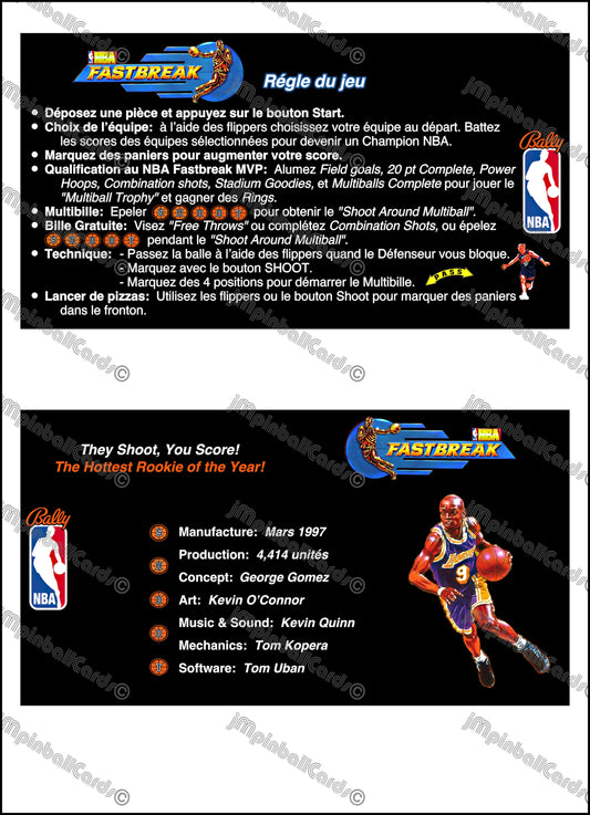 Bally NBA FASTBREAK 1997 Jeu Cartes Instructions Flipper Custom Apron règles imprimées V3