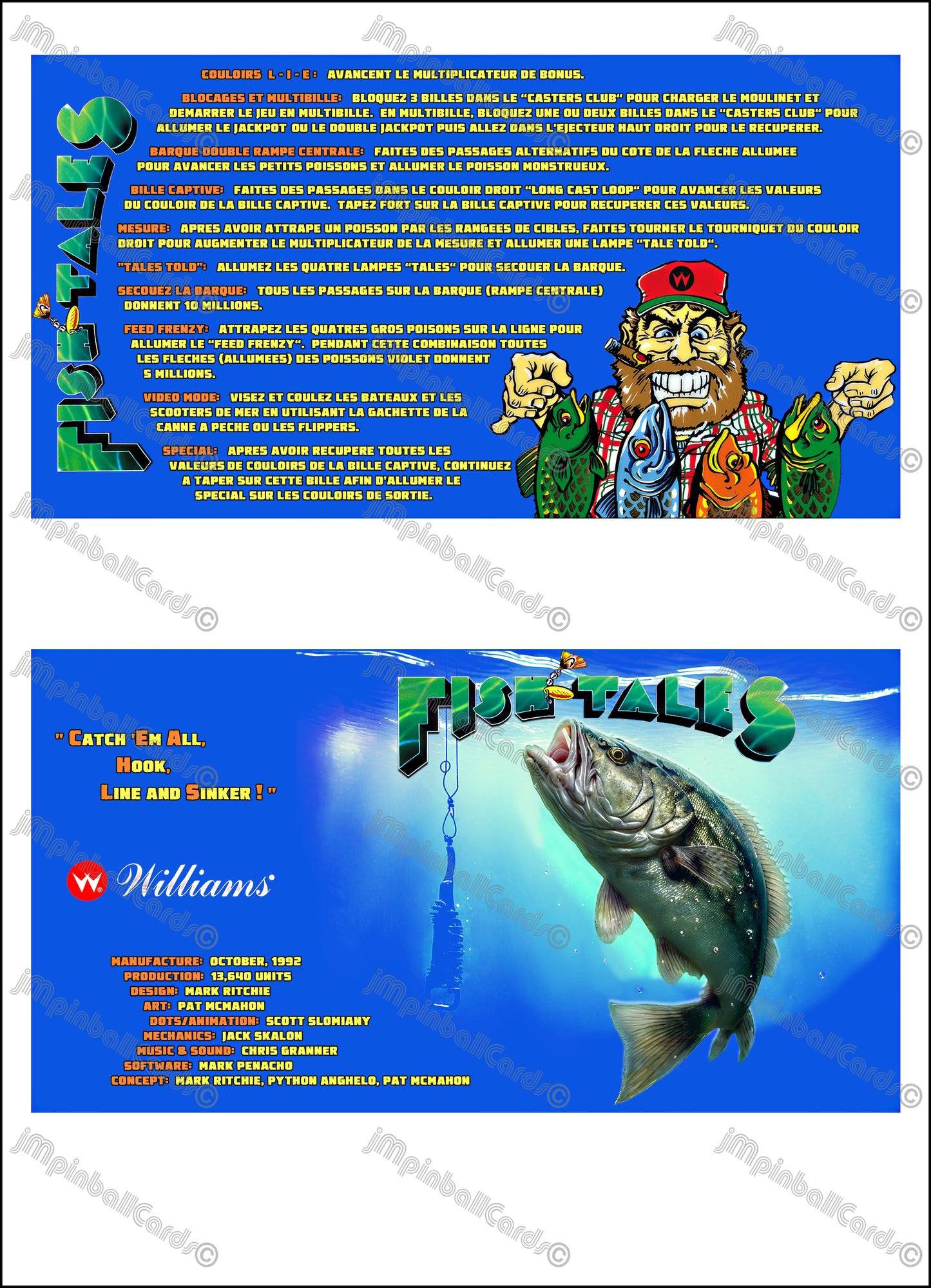 Instrucciones de las tarjetas del juego Williams Fish Tales 1992, delantal personalizado de pinball, reglas impresas V3