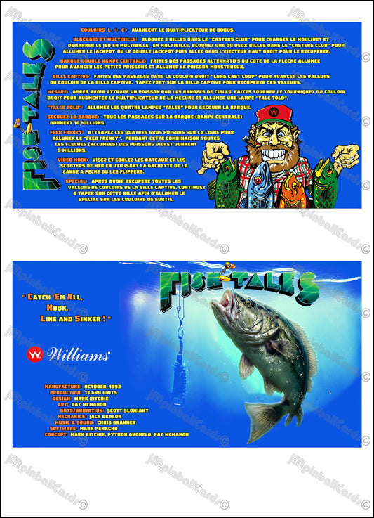 Williams Fish Tales 1992 Jeu Cartes Instructions Flipper Custom Apron règles imprimées V3