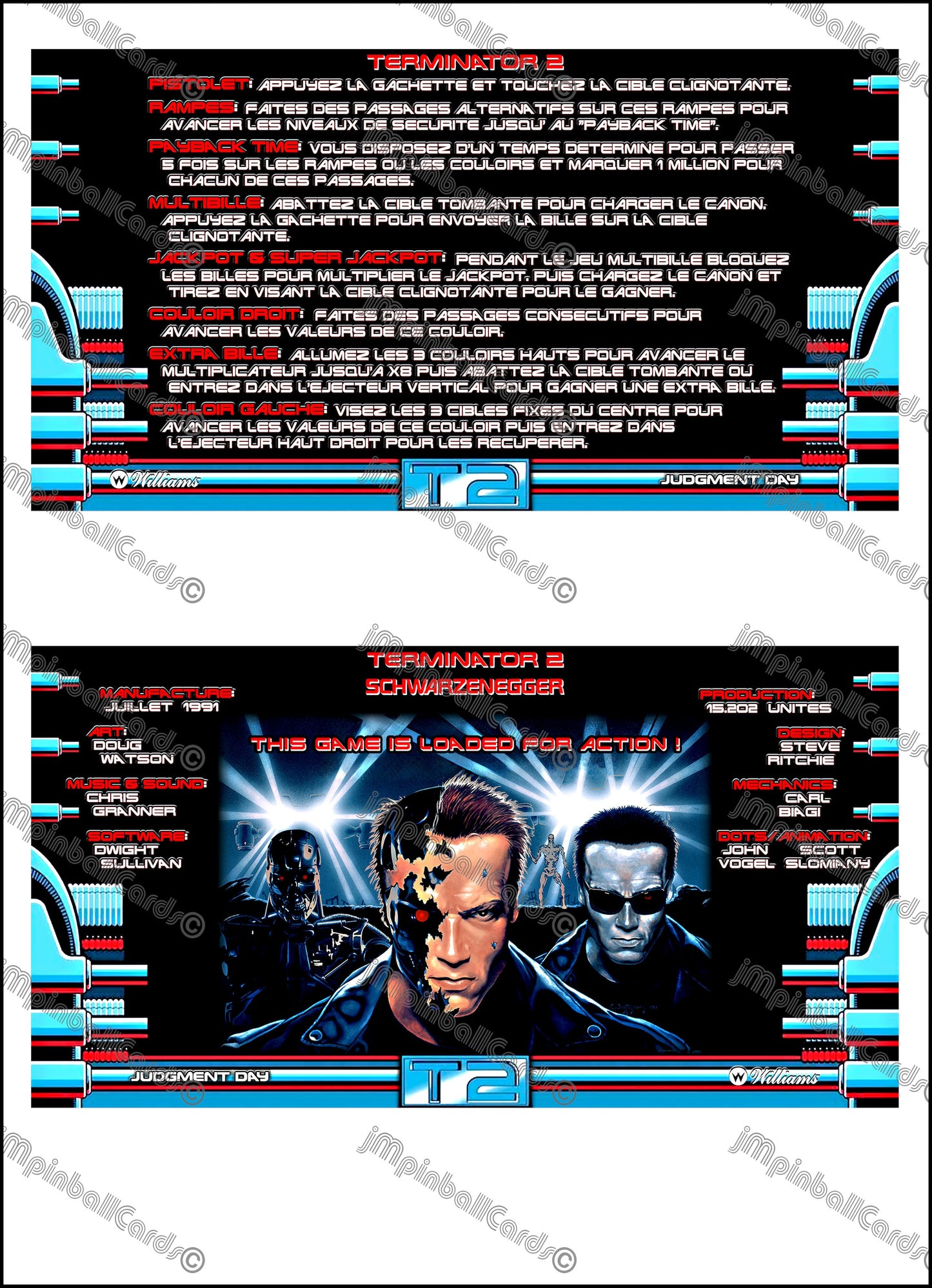 Williams T2 Terminator 2 1991 Jeu Cartes Instructions Flipper Custom Apron règles imprimées V3