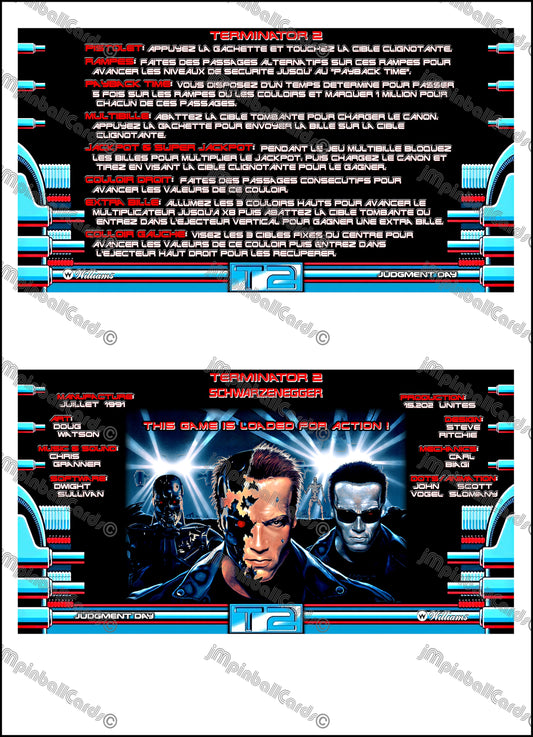 Williams T2 Terminator 2 1991 Jeu Cartes Instructions Flipper Custom Apron règles imprimées V3