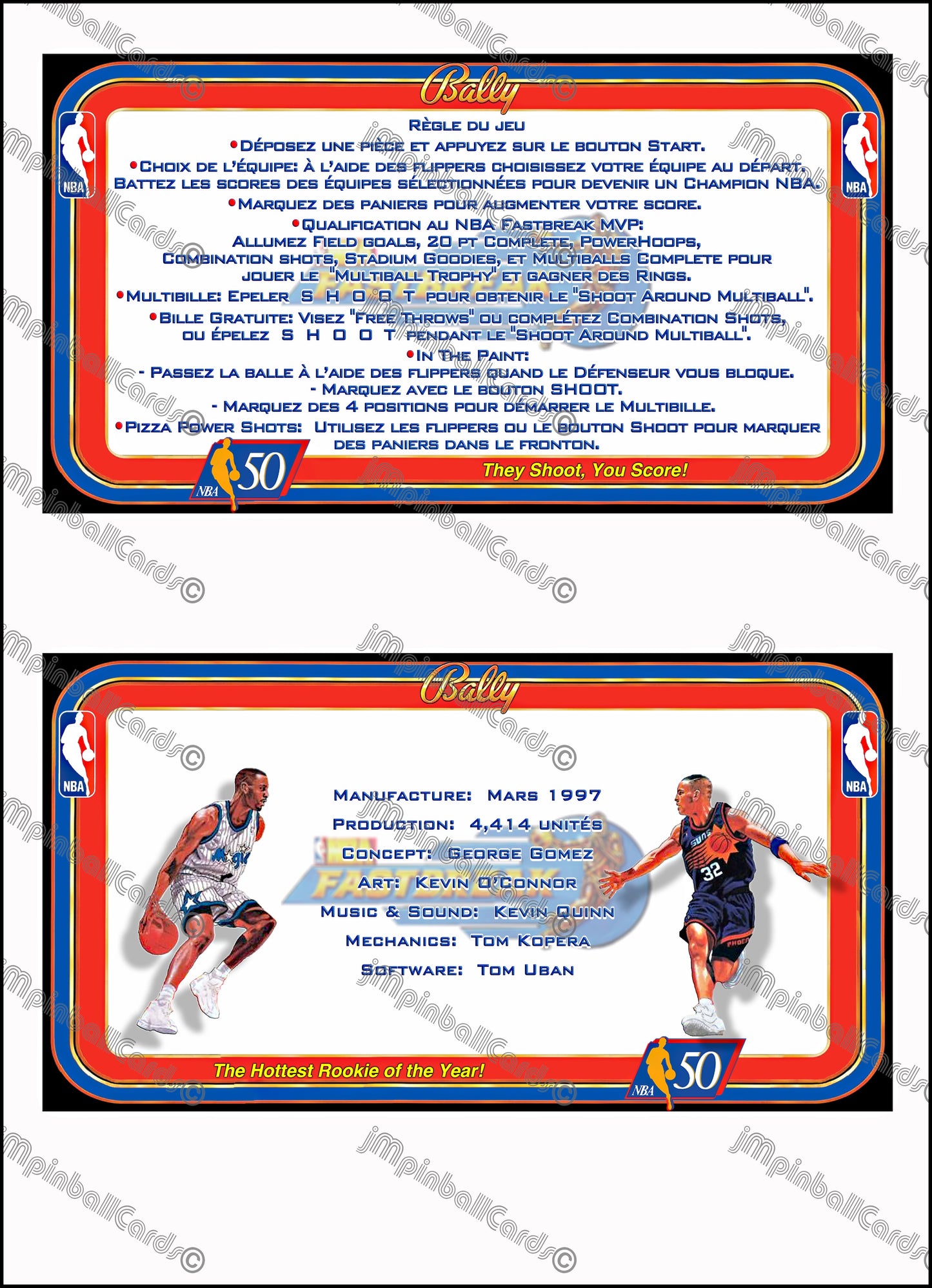 Bally NBA FASTBREAK 1997 Jeu Cartes Instructions Flipper Custom Apron règles imprimées V4