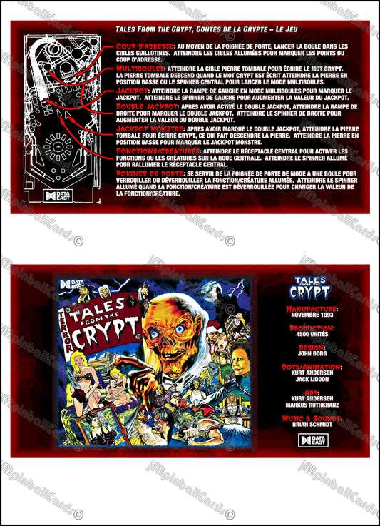 Data East Tales From The Crypt 1993 Jeu Cartes Instructions Flipper Custom Apron règles imprimées V4