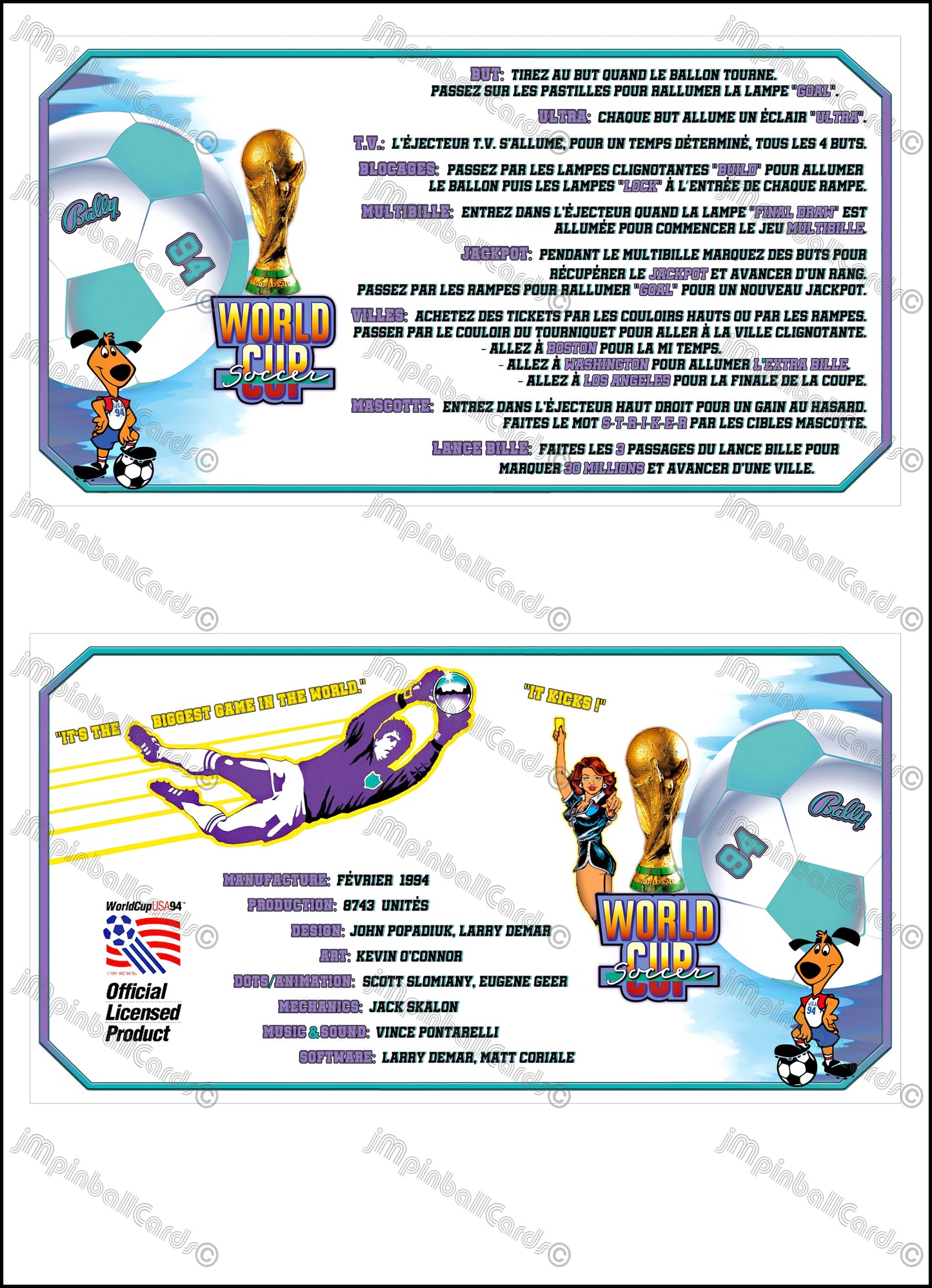 Bally World Cup Soccer USA 1994 WH Jeu Cartes Instructions Flipper Custom Apron règles imprimées