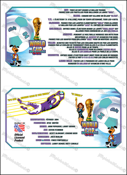 Bally World Cup Soccer USA 1994 WH Jeu Cartes règles Instructions Flipper Custom Apron