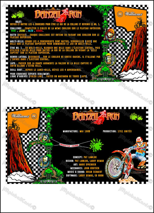 Instrucciones de las tarjetas del juego Williams Banzai Run 1988, delantal personalizado de pinball, reglas impresas