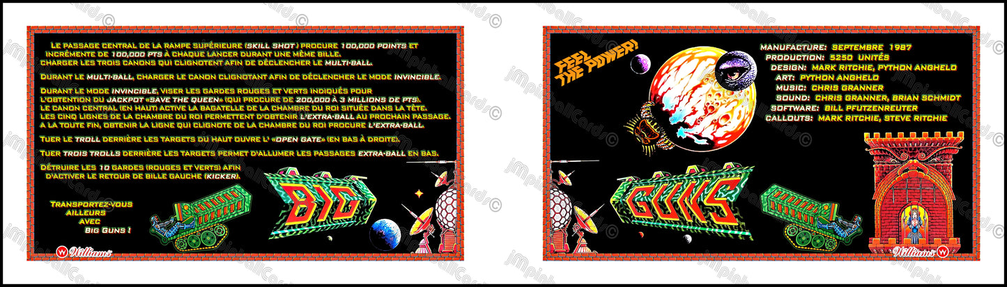 Instrucciones de las tarjetas de juego Williams Big Guns 1987, delantal personalizado de pinball, reglas impresas