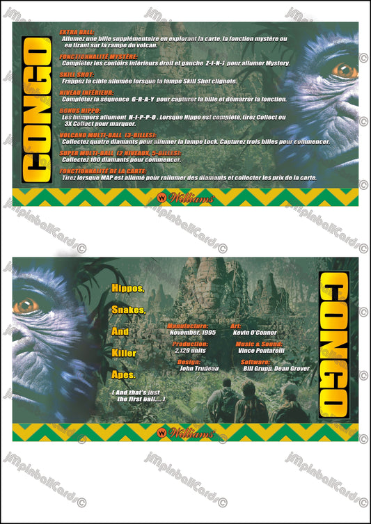 Instrucciones de las tarjetas de juego Williams CONGO 1995 Pinball Delantal personalizado reglas impresas