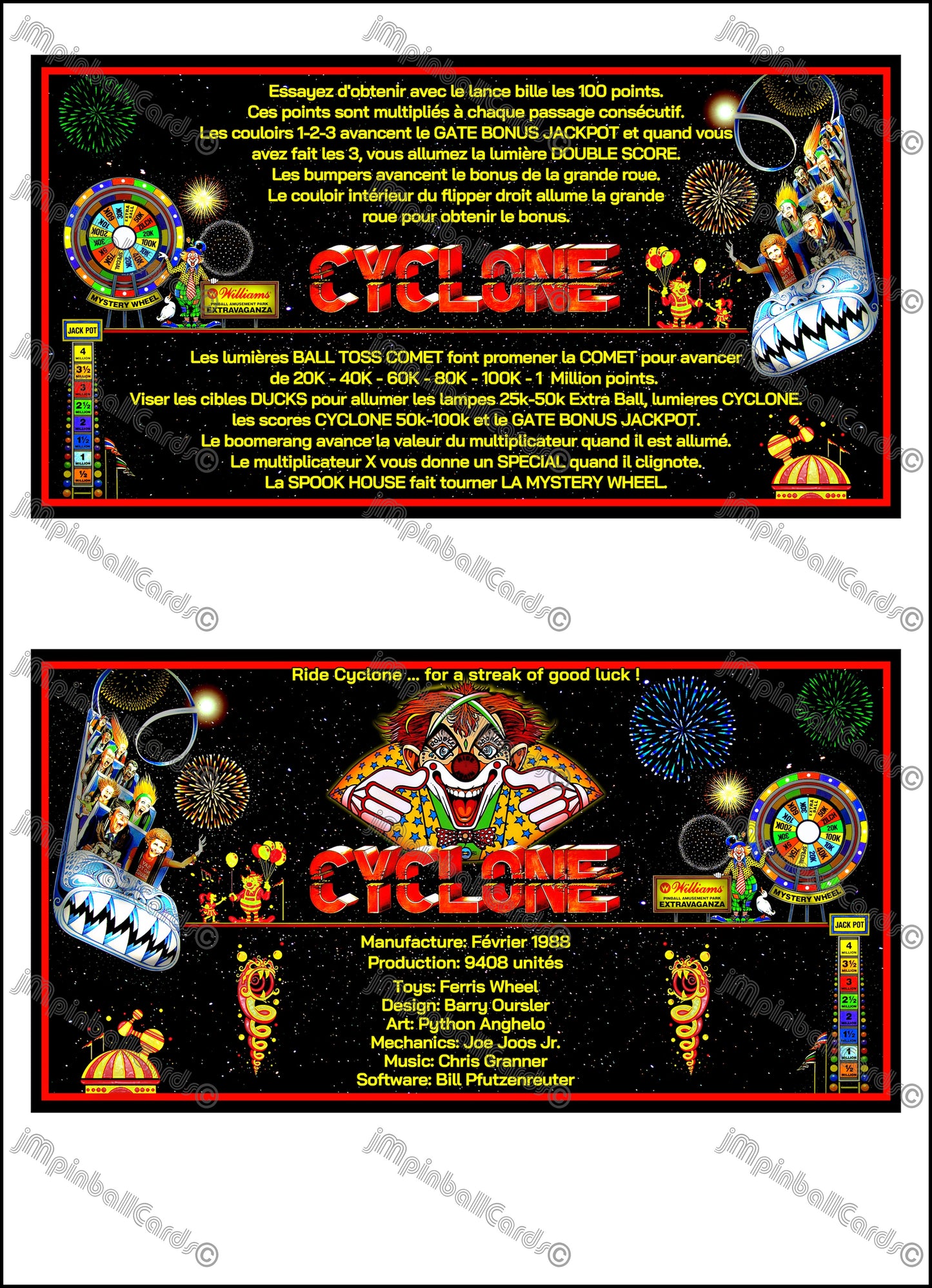 Instrucciones de las tarjetas del juego Williams Cyclone 1988, delantal personalizado de pinball, reglas impresas