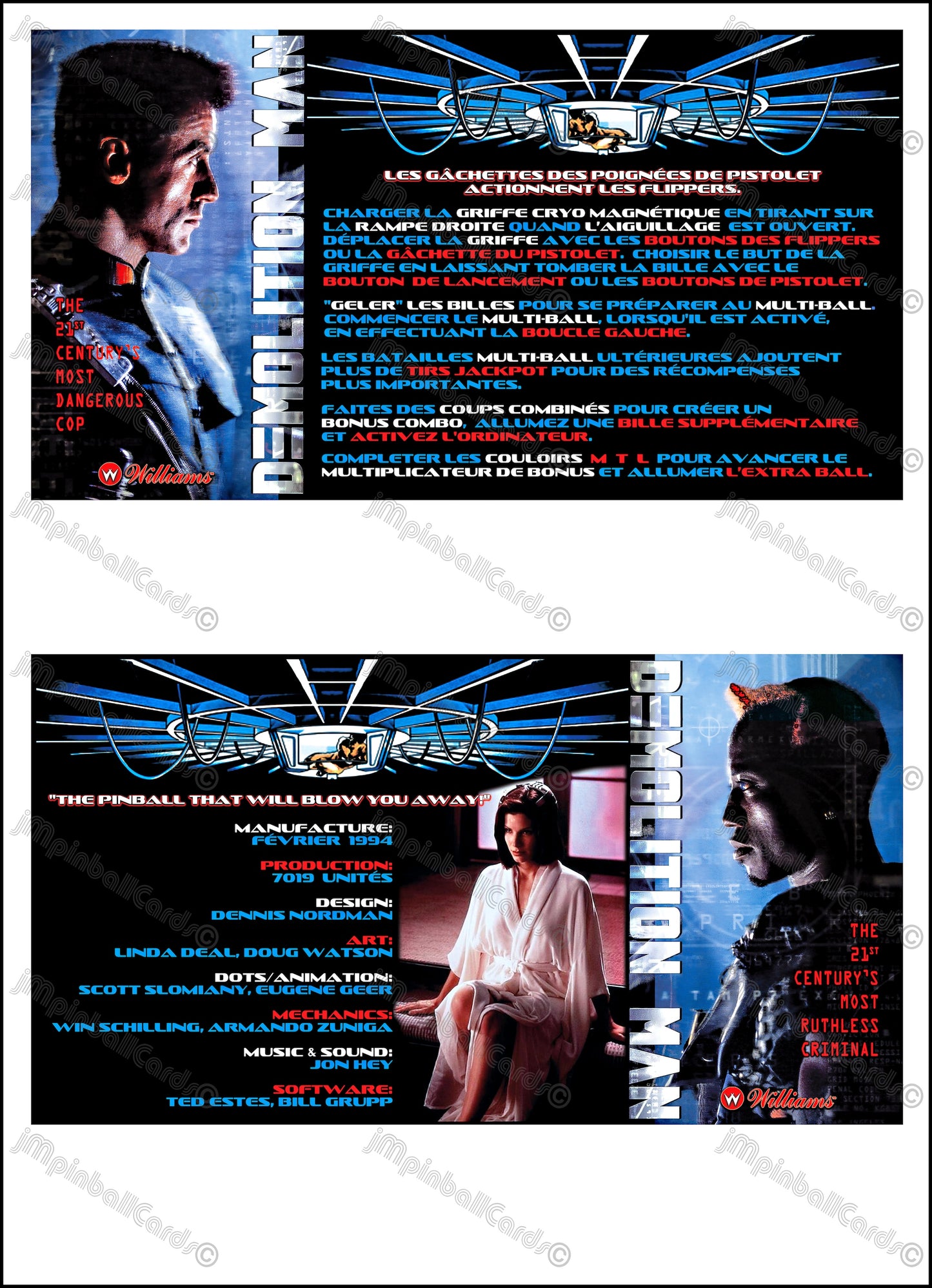 Instrucciones de las tarjetas del juego Williams Demolition Man 1994, delantal personalizado de pinball, reglas impresas