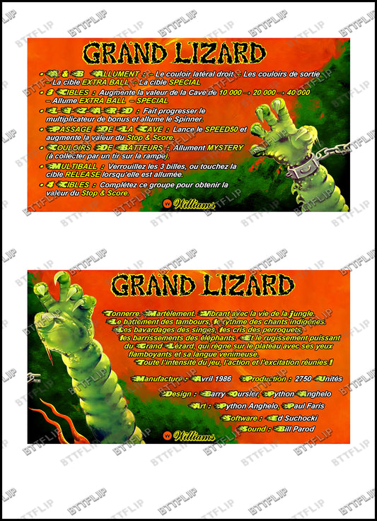 Williams GRAND LIZARD 1986 Jeu Cartes Instructions Flipper Custom Apron règles imprimées