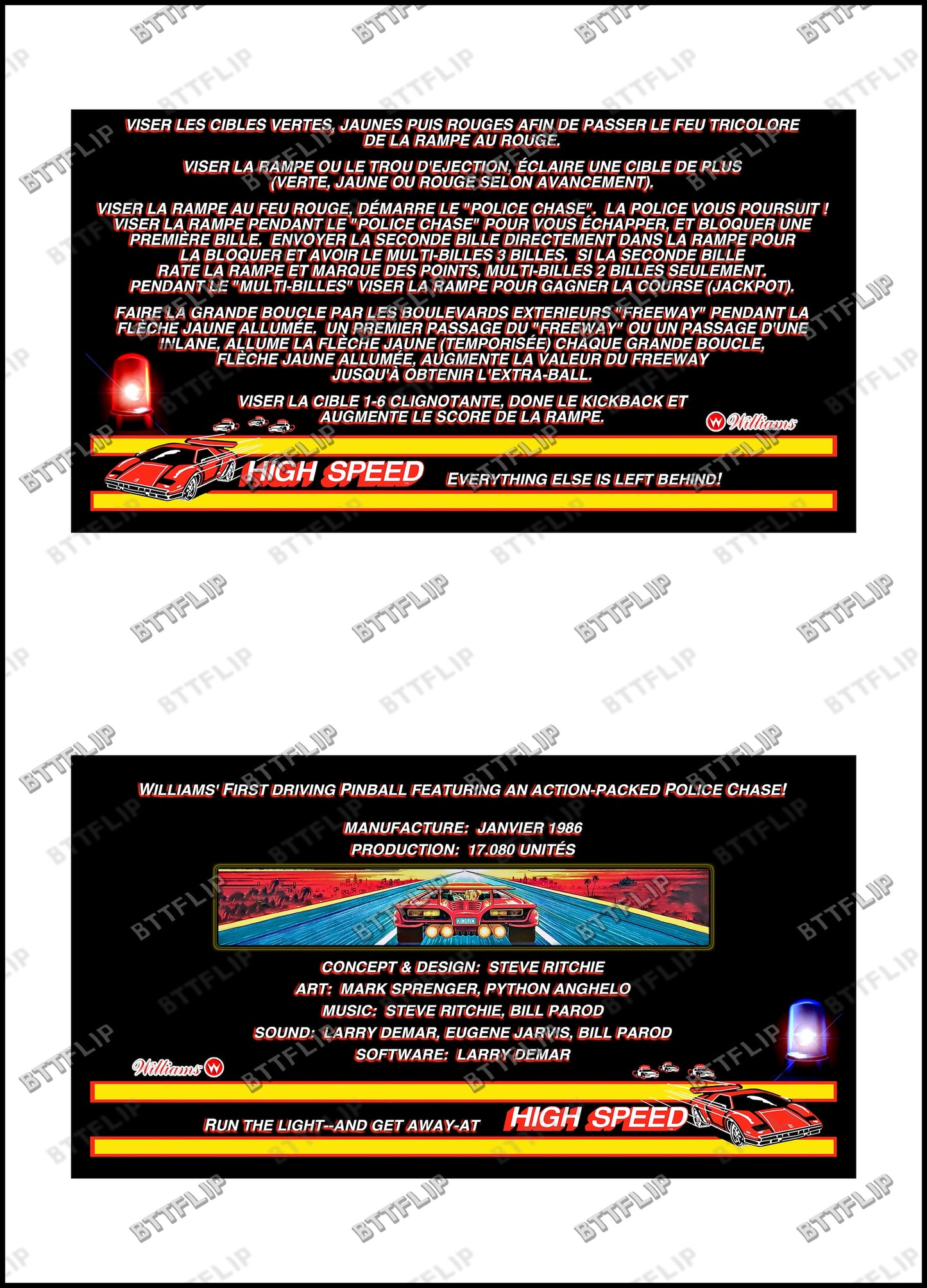 Williams HIGH SPEED 1986 Jeu Cartes Instructions Flipper Custom Apron règles imprimées