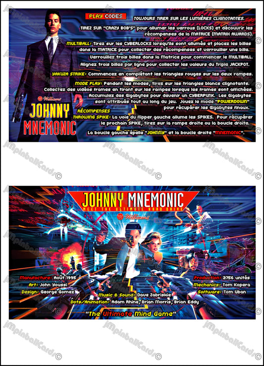 Williams Johnny Mnemonic 1995 Jeu Cartes Instructions Flipper Custom Apron règles imprimées