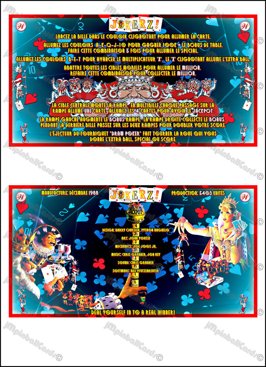 Williams Jokerz 1988 Jeu Cartes Instructions Flipper Custom Apron règles imprimées