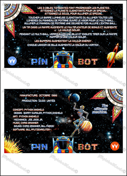 Instrucciones de las tarjetas de juego Williams Pinbot 1986, delantal personalizado de pinball, reglas impresas