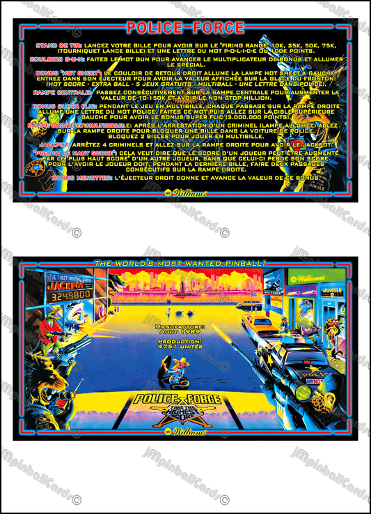 Instrucciones de las tarjetas del juego Williams Police Force 1989, delantal personalizado de pinball, reglas impresas