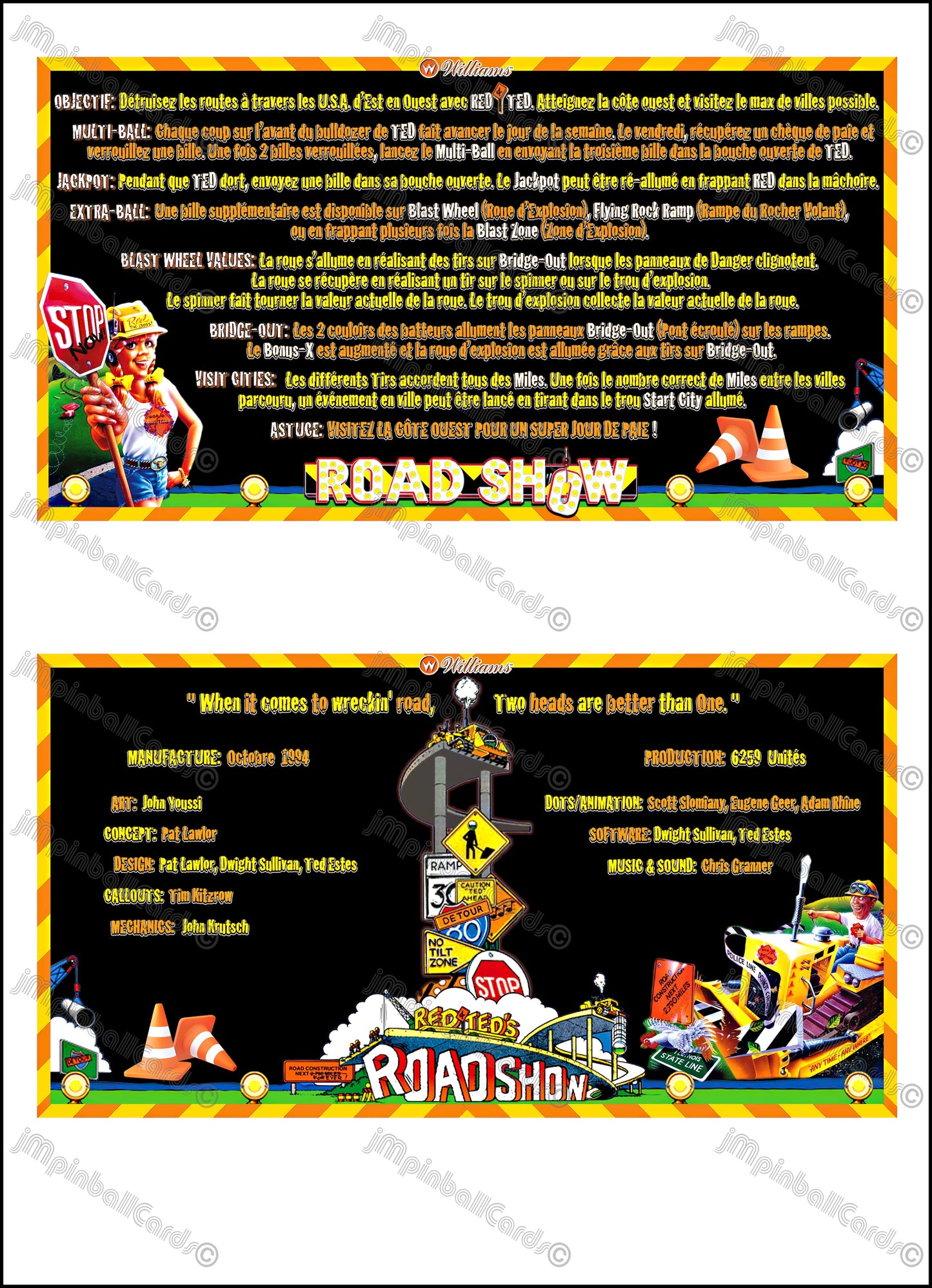 Williams ROAD SHOW RED &amp; TED 1994 Tarjetas de juego Instrucciones Pinball Delantal personalizado Reglas impresas ROADSHOW