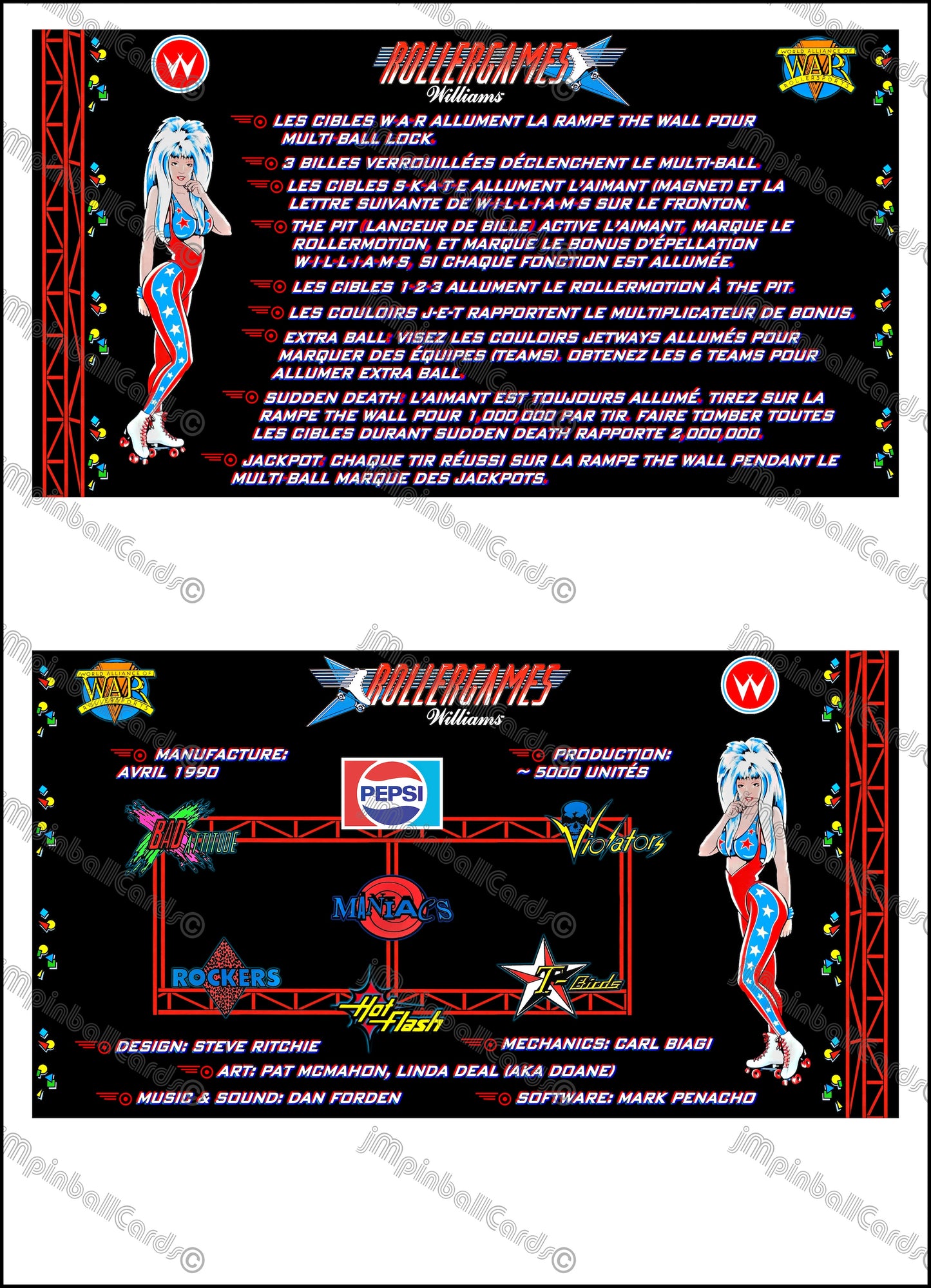 Williams Rollergames 1990 Jeu Cartes Instructions Flipper Custom Apron règles imprimées