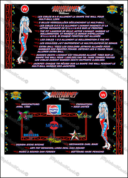 Instrucciones del juego de cartas Williams Rollergames 1990 Pinball Delantal personalizado con reglas impresas