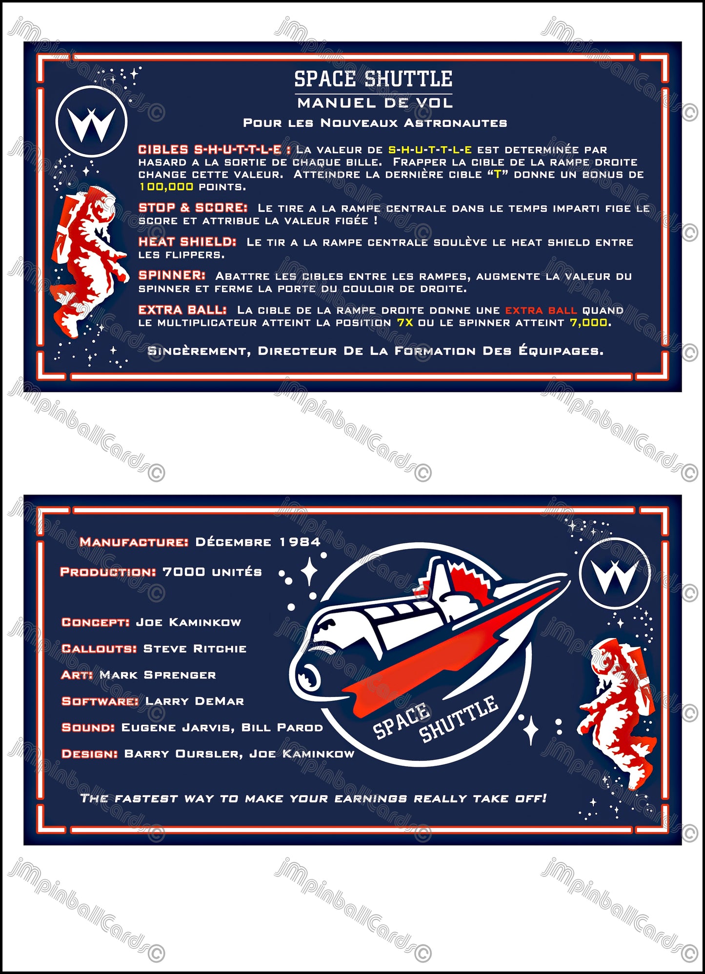 Instrucciones de las tarjetas del juego Williams Space Shuttle 1984, delantal personalizado de pinball, reglas impresas