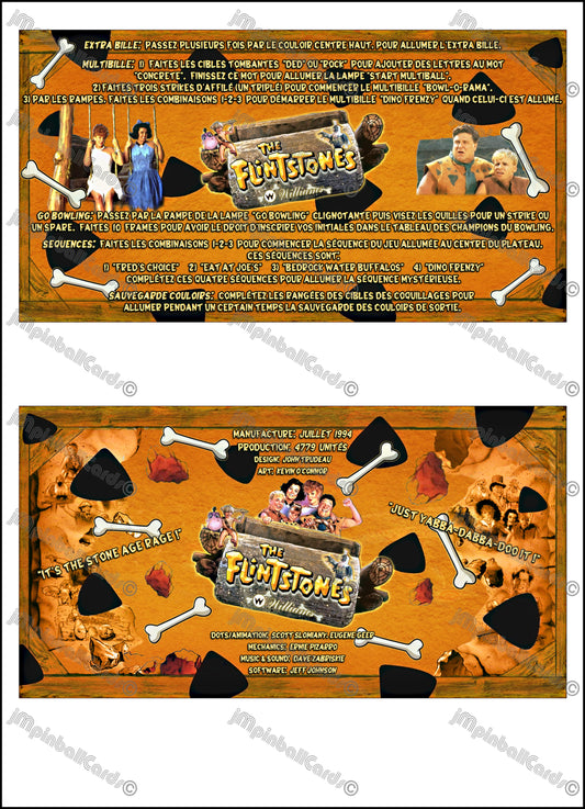 Instrucciones de las tarjetas del juego de pinball de Los Picapiedra (1994) de Williams, delantal personalizado, reglas impresas (V1)