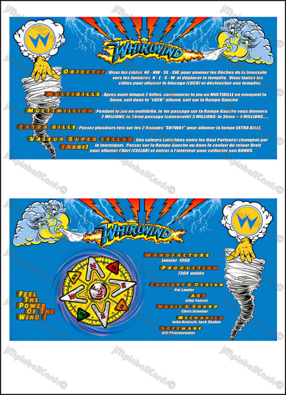 Instrucciones de las tarjetas del juego Williams Whirlwind 1990, máquina de pinball, delantal personalizado, reglas impresas