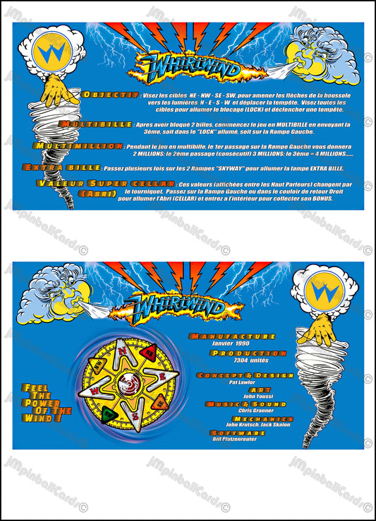 Instrucciones de las tarjetas del juego Williams Whirlwind 1990, máquina de pinball, delantal personalizado, reglas impresas