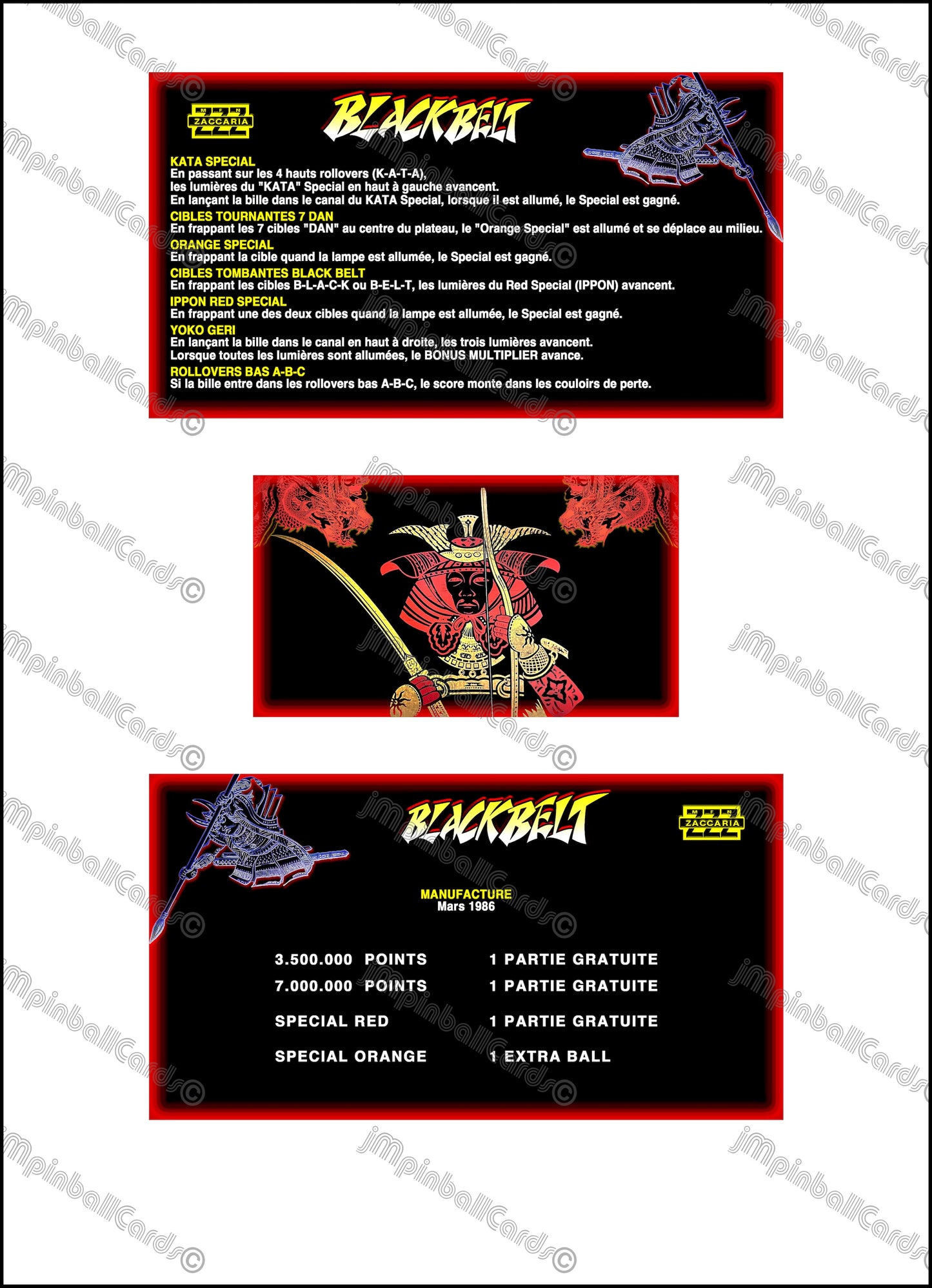 Zaccaria Blackbelt 1986 Set Cards Instructions Flipper Custom Apron Printed Rules