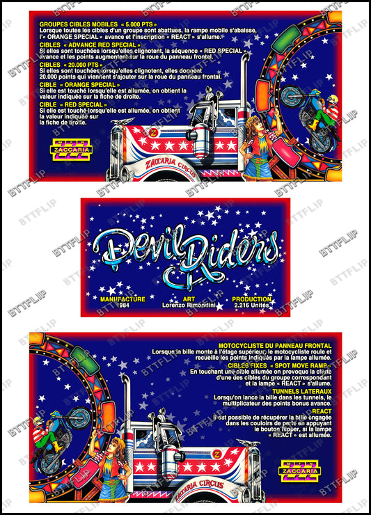 Zaccaria DEVIL RIDERS 1984 Set Cartes Instructions Flipper Custom Apron règles imprimées
