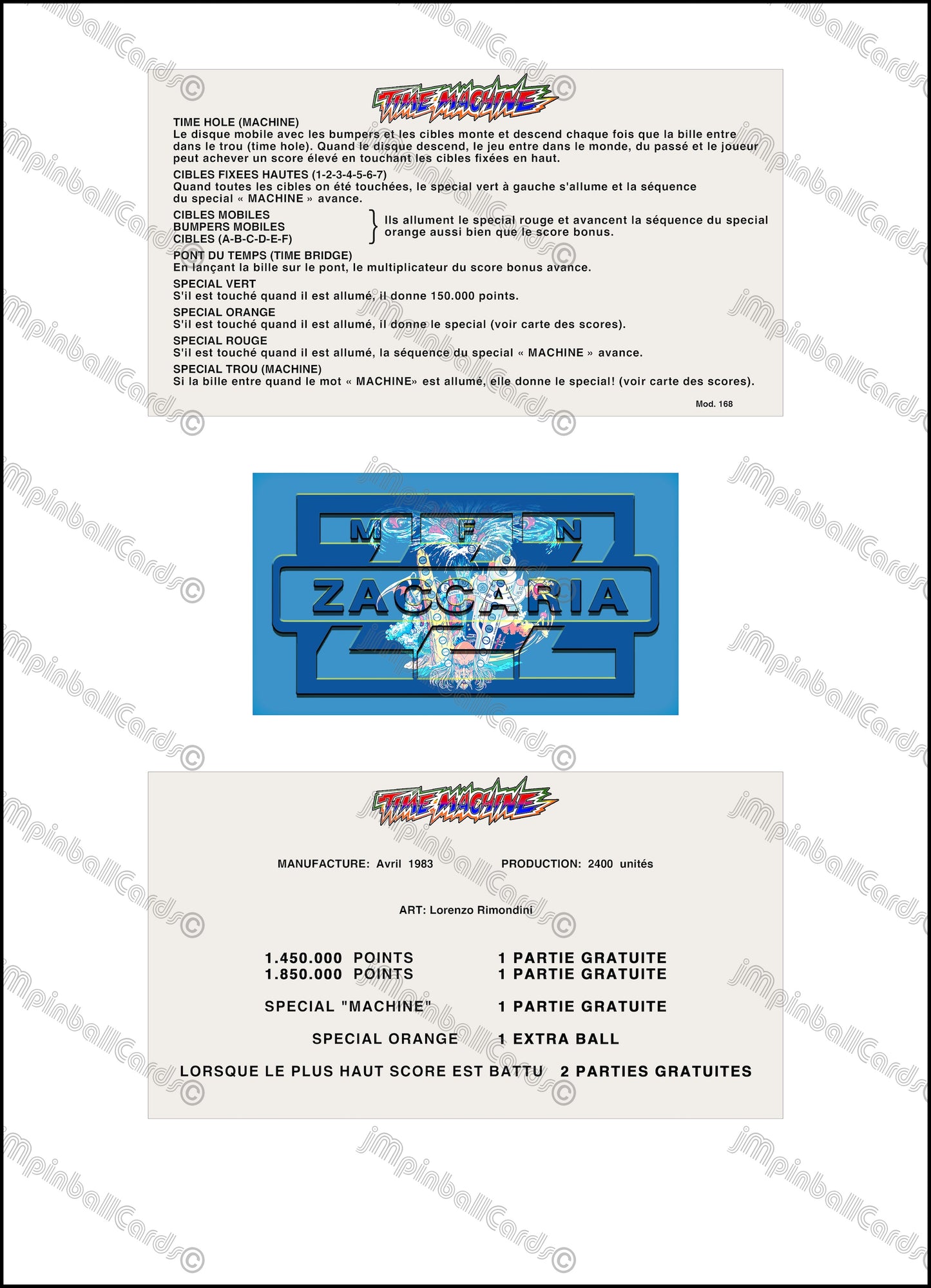 Máquina del Tiempo de Zaccaria 1983 Set Tarjetas Instrucciones Flipper Delantal Personalizado Reglas Impresas