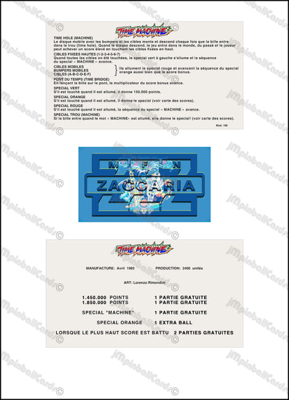 Zaccaria Time Machine 1983 Set Cards Instructions Flipper Custom Apron Printed Rules