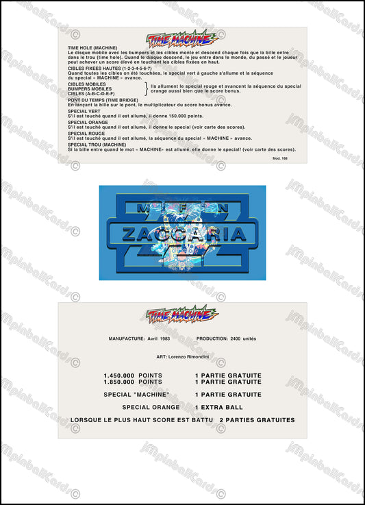 Máquina del Tiempo de Zaccaria 1983 Set Tarjetas Instrucciones Flipper Delantal Personalizado Reglas Impresas