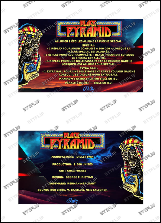 Bally Black Pyramid 1984 Jeu Cartes règles Instructions Flipper Custom Apron