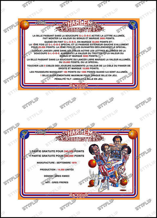 Bally Harlem Globetrotters On Tour 1979 Jeu Cartes règles Instructions Flipper Custom Apron