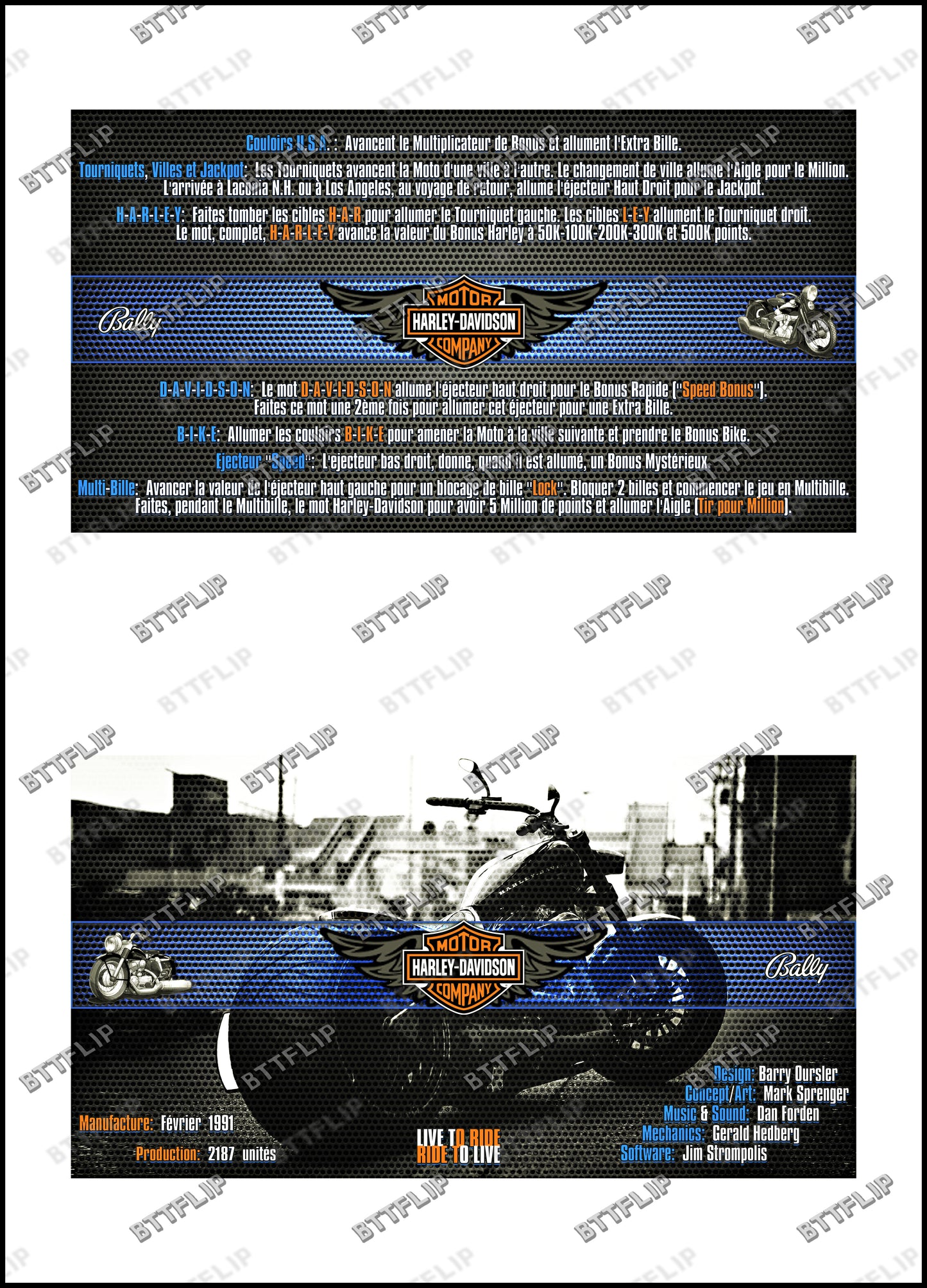 Bally Harley Davidson 1991 Juego Cartas reglas Instrucciones Pinball Custom Delantal