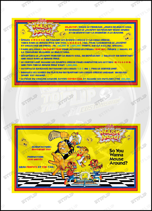 Bally Mousin Around 1989 Game Cards Instructions Pinball Custom Apron Printed Rules
