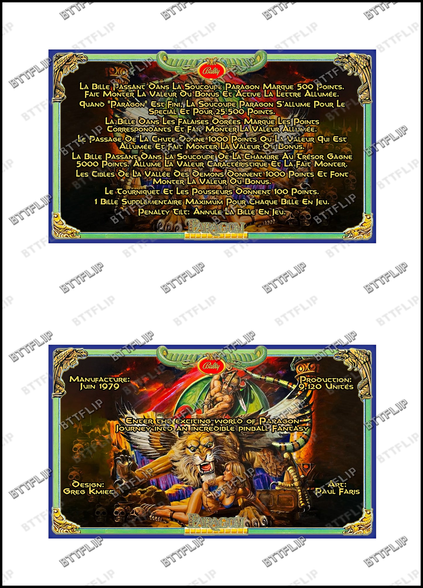 Bally Paragon 1979 Juego Cartas reglas Instrucciones Pinball Delantal personalizado