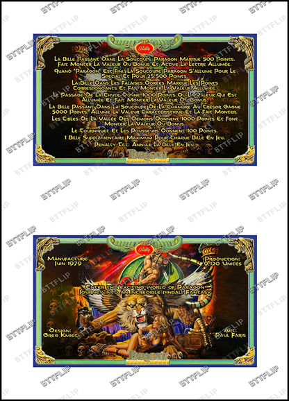 Bally Paragon 1979 Juego Cartas reglas Instrucciones Pinball Delantal personalizado