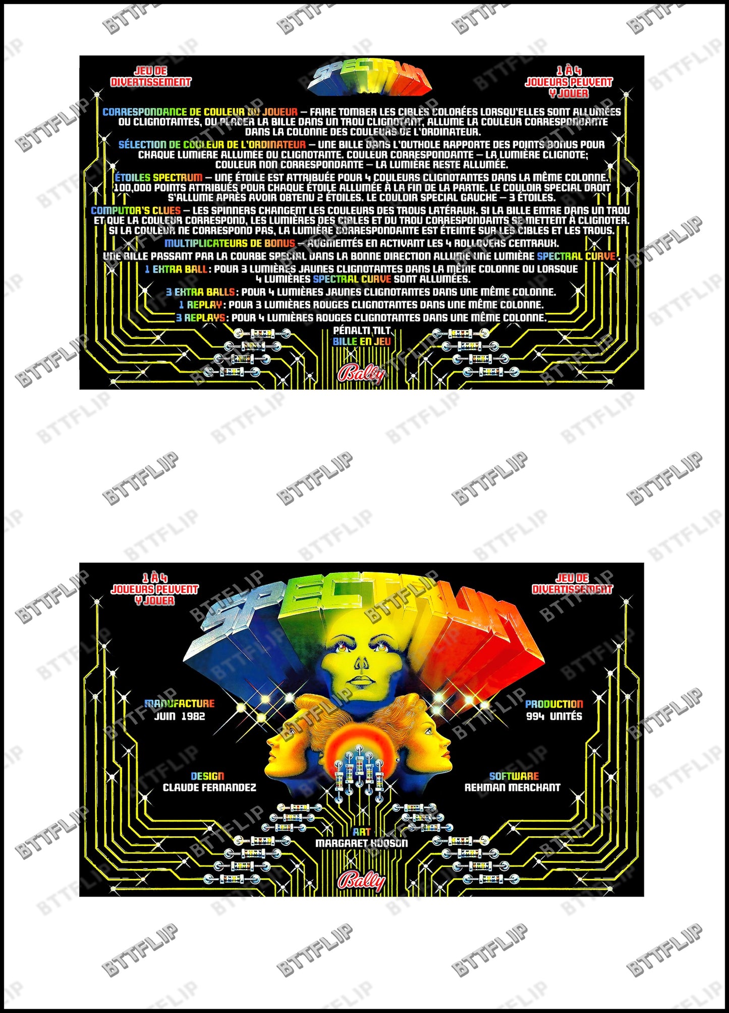 Instrucciones de las tarjetas de juego Bally Spectrum 1982 Pinball Delantal personalizado reglas impresas
