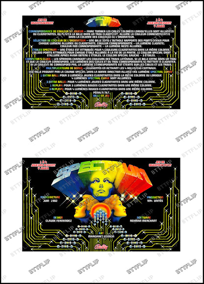 Instrucciones de las tarjetas de juego Bally Spectrum 1982 Pinball Delantal personalizado reglas impresas