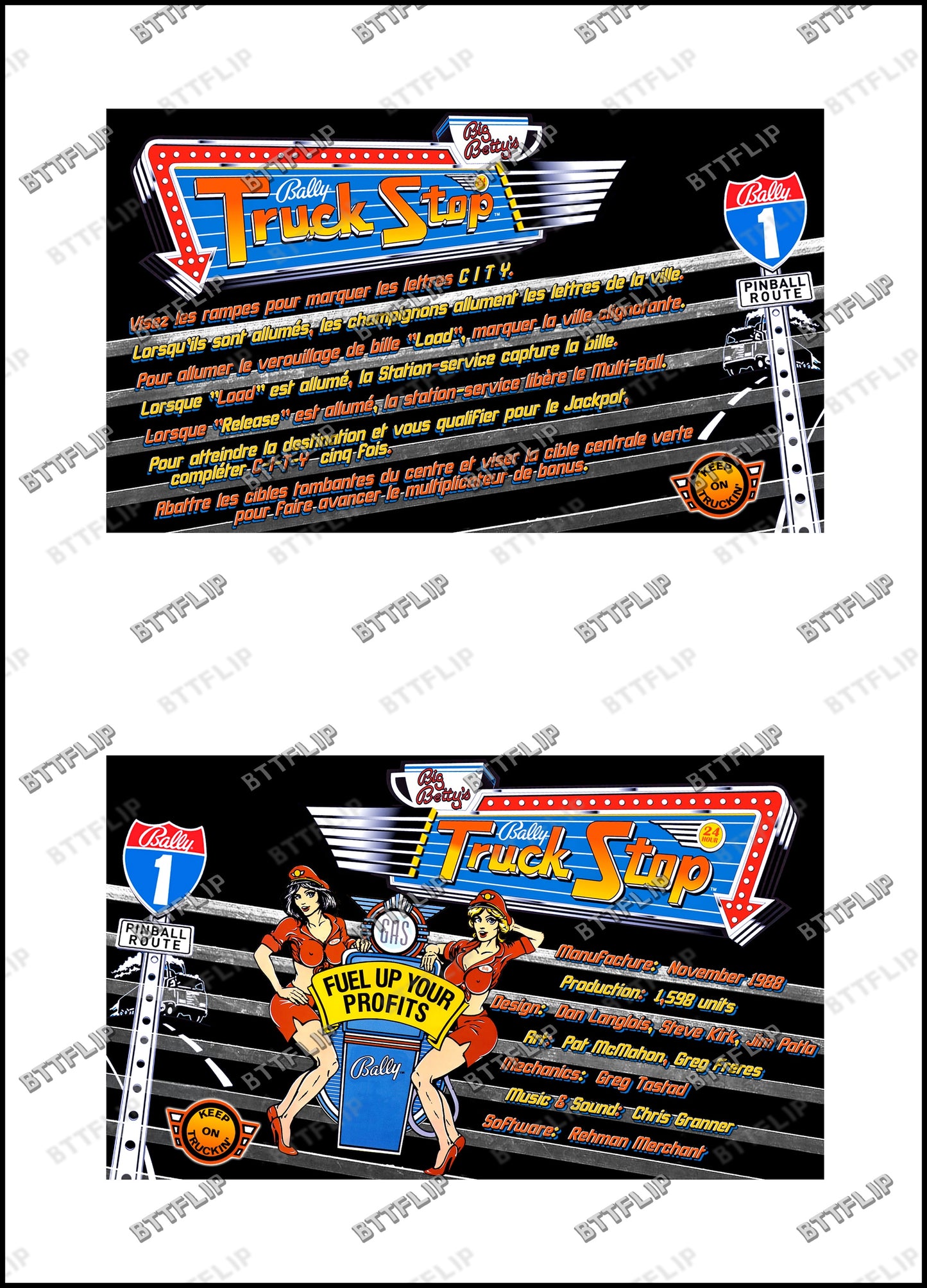 Bally Truck Stop 1988 Pinball Game Cards Rules Instructions Custom Apron