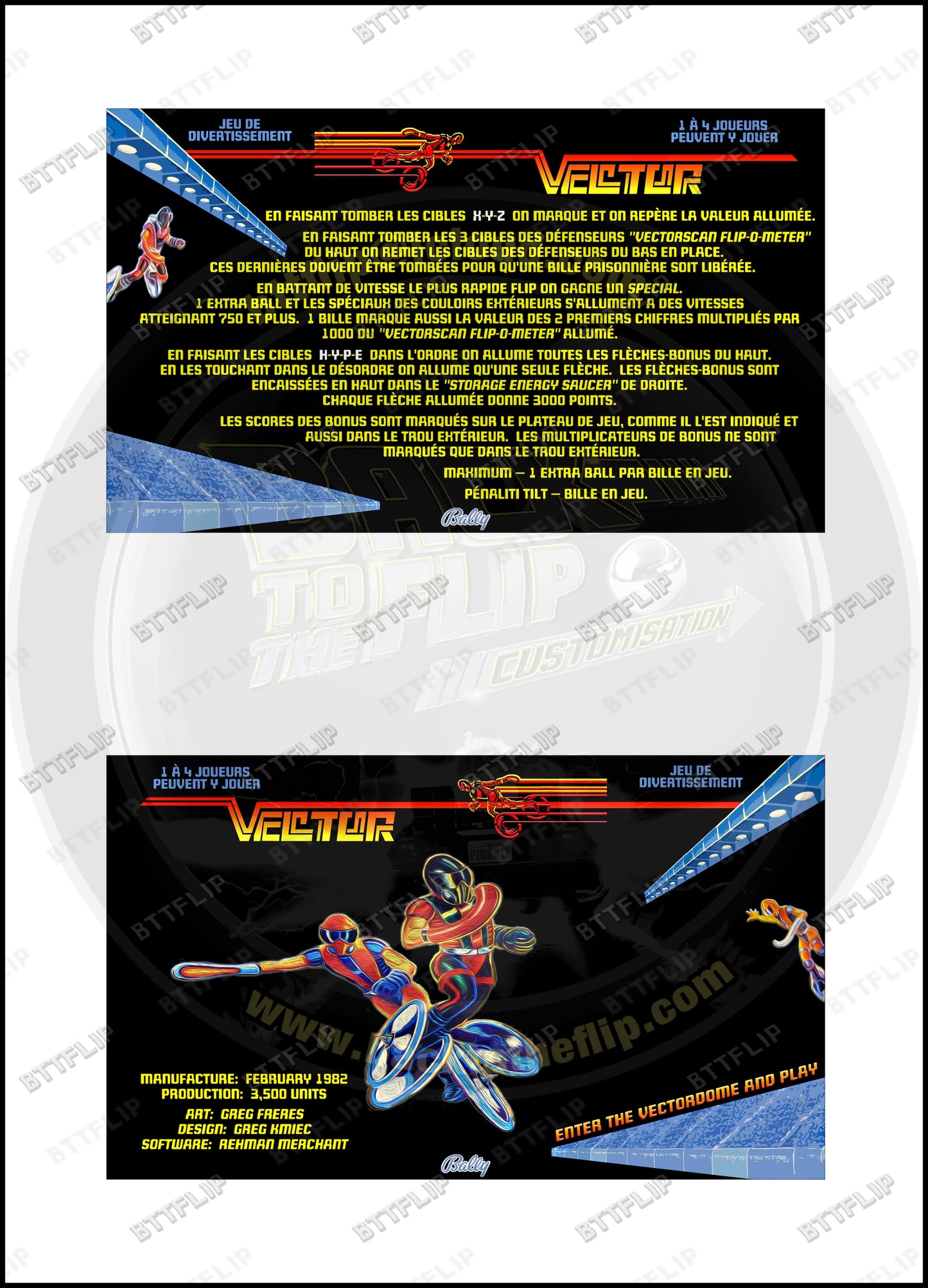 Instruction cards custom apron flipper Bally Vector 1982 (set of 2)