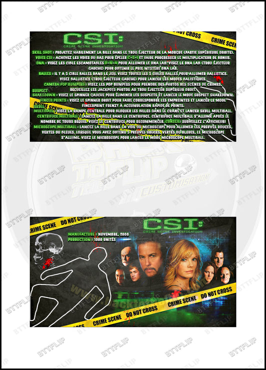 Cartes d'instructions custom apron flipper Stern CSI Crime Scene Investigation 2008 (set de 2)