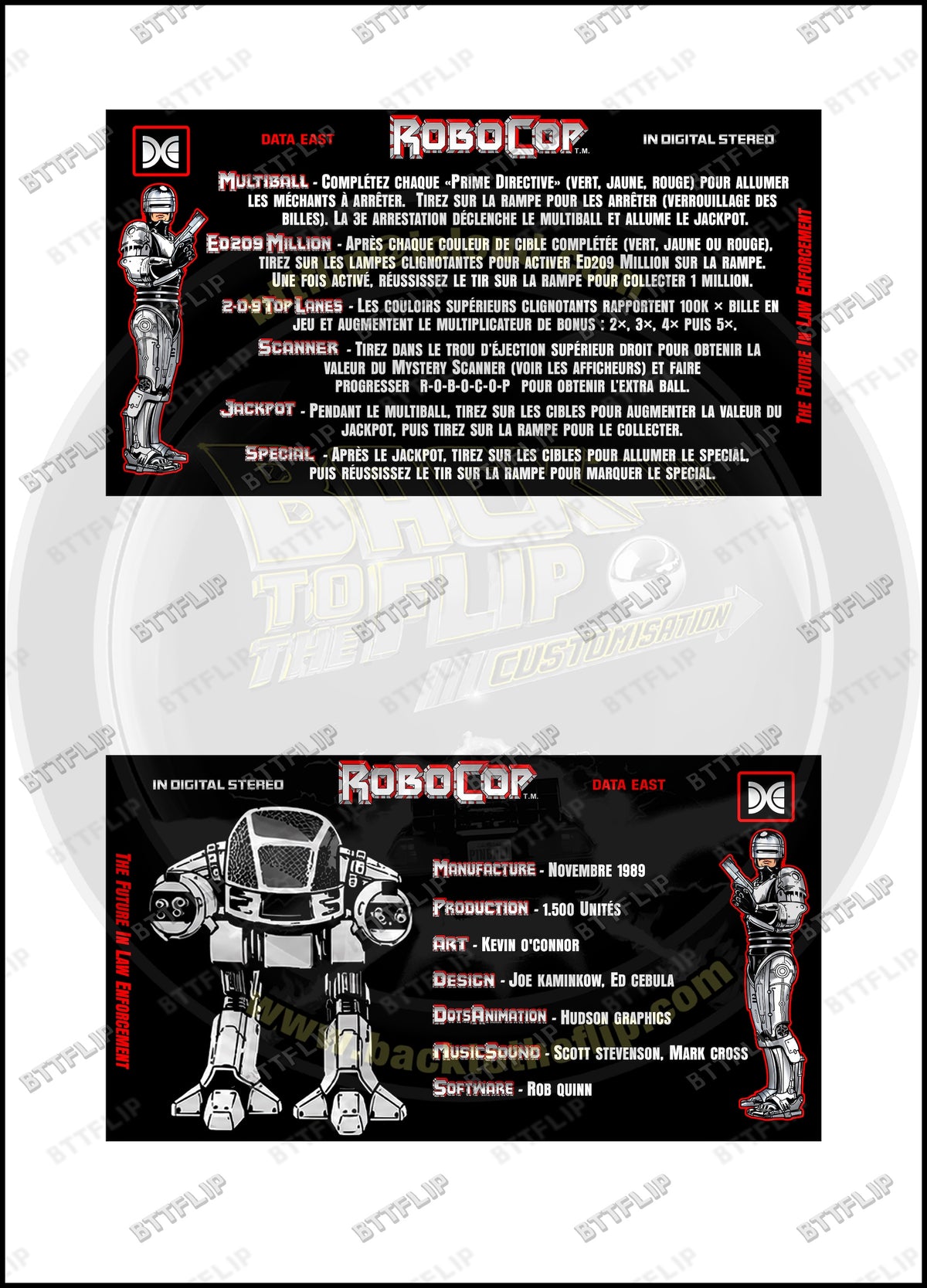 Cartes d'instructions custom apron flipper Data East Robocop 1989 (set de 2)