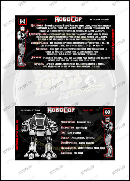 Cartes d'instructions custom apron flipper Data East Robocop 1989 (set de 2)