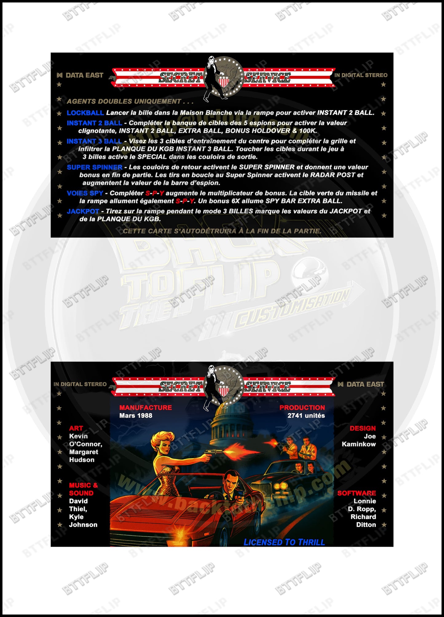 Data East Secret Service 1988 Game Cards Instructions Pinball Custom Apron printed rules