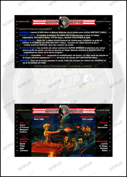 Data East Secret Service 1988 Game Cards Instructions Pinball Custom Apron printed rules