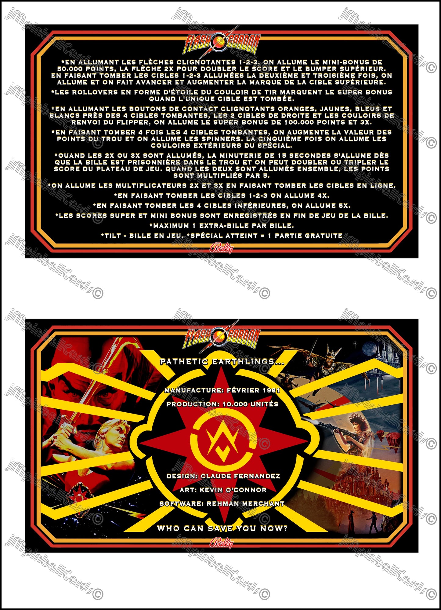 Instrucciones de las tarjetas del juego Bally Flash Gordon 1981, delantal personalizado de pinball, reglas impresas V1 M-1508-96-E