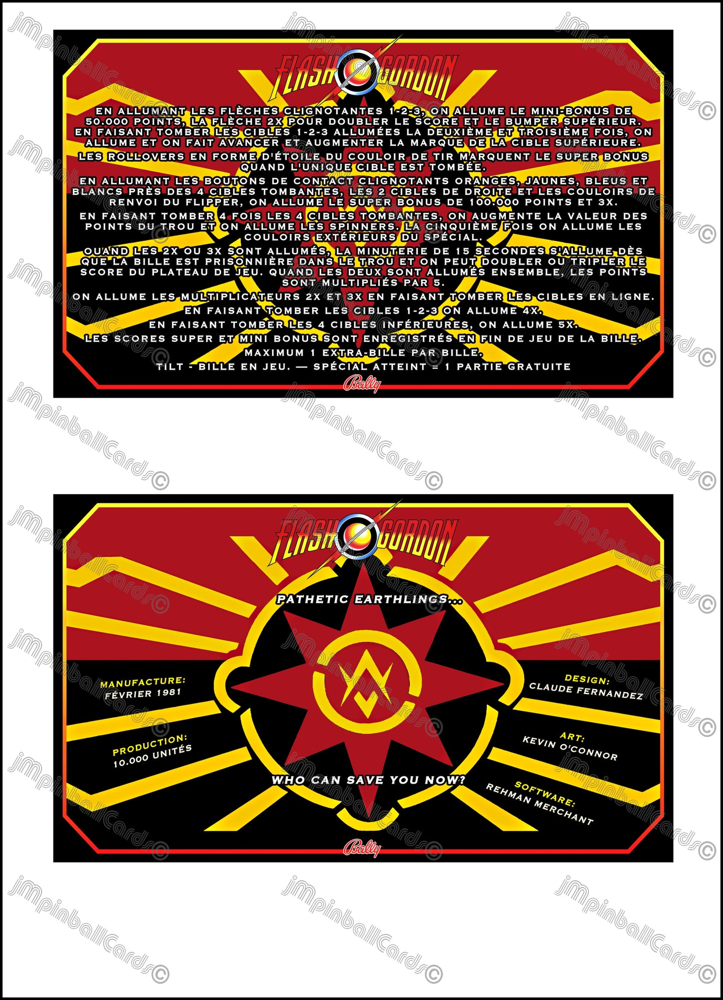 Instrucciones de las tarjetas del juego Bally Flash Gordon 1981, delantal personalizado de pinball, reglas impresas V2 M-1508-96-E
