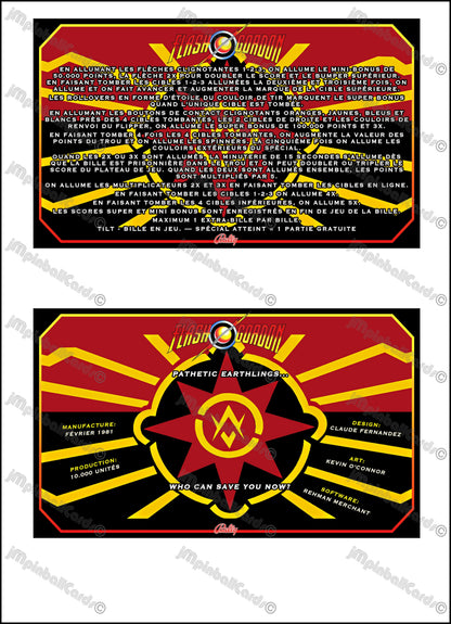 Bally Flash Gordon 1981 Game Cards Instructions Pinball Custom Apron Printed Rules V2 M-1508-96-E